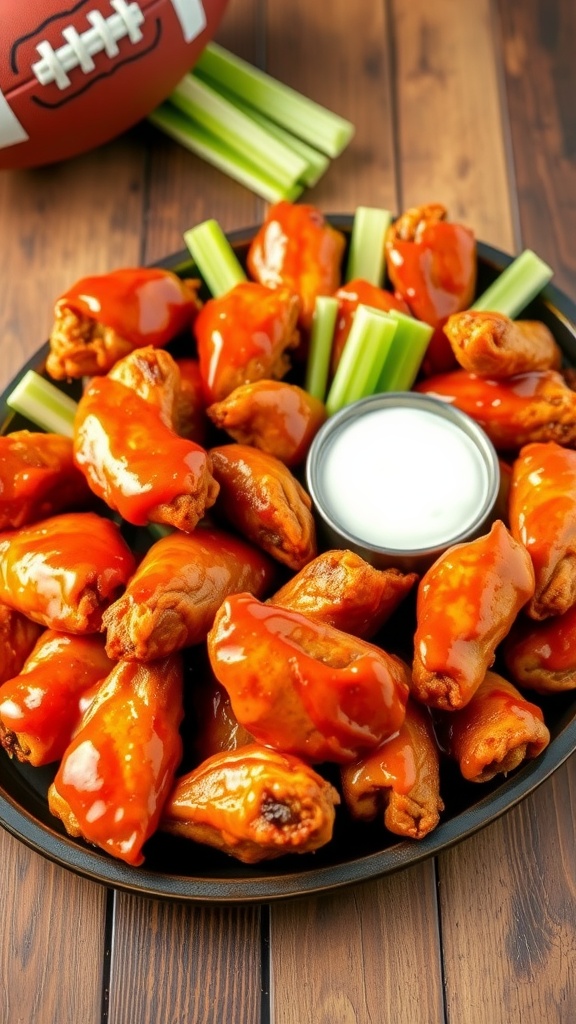 A tempting platter of crispy air fryer chicken wings with buffalo sauce and celery sticks on a rustic wooden table.